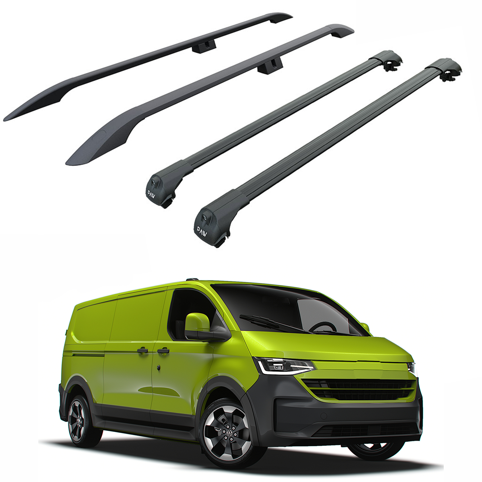 For Volkswagen Transporter T7 LWB (2024-2025) Roof Side Rails & Roof Rack Cross Bar Set – Black For Volkswagen Transporter T7 LWB (2024-2025) Roof Side Rails & Roof Rack Cross Bar Set – Black